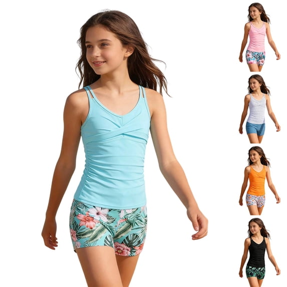lnmuld Girls 2 Piece Ruffle Tankini & Swim Shorts Set UPF 50+ Sun for Toddler Kids Beach Pool Size:11-12 Years