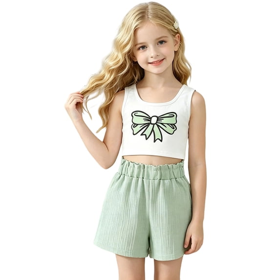 lnmuld Girls 2 Piece Summer Outfit Bow Print Crop Tank Top and Ribbed Shorts Set Size:7-8 Years