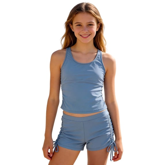 lnmuld Girls 2 Piece Tankini Short Set Light Blue Ruched Tank Top with Side Tie Swim Shorts Swimwear Size:9-10 Years