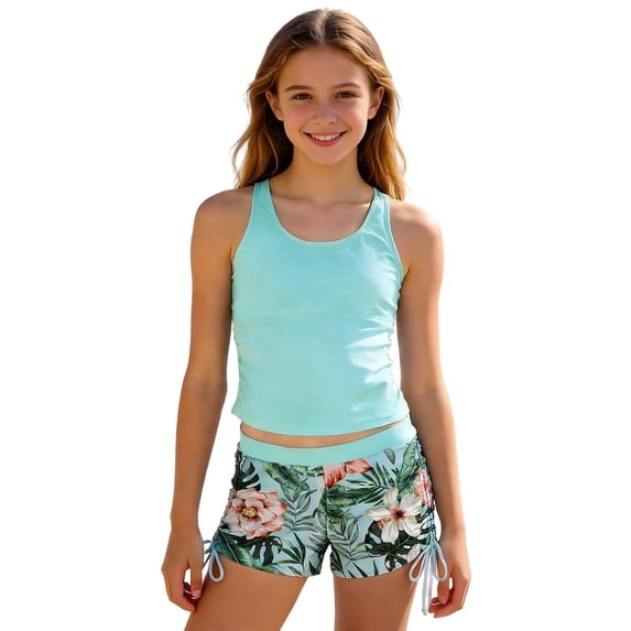 lnmuld Girls 2 Piece Tankini Short Set Mint Green Solid Ruched Top with Tropical Floral Print Side Tie Swim Shorts Swimwear Size:15-16 Years