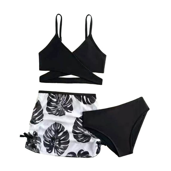 lnmuld Girls 3 Piece Floral Print Tankini Swimsuit with Ruffle Skirt - Summer Beach Pool Wear Color:Black,Size:5-6 Years