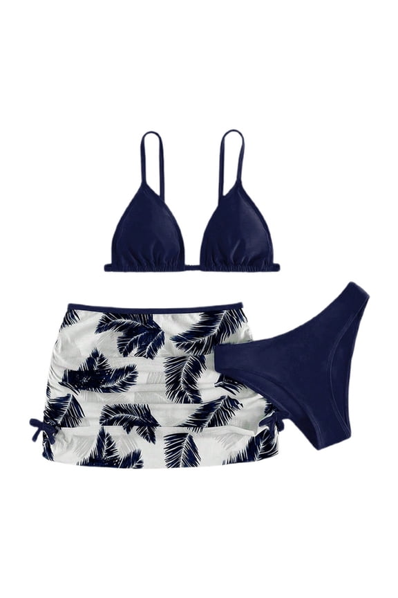 Girls 3 Piece Palm Leaf Triangle Bikini with Side Tie Ruched Cover Skirt Swim Set Color:Dark Blue,Size:8-9 Years