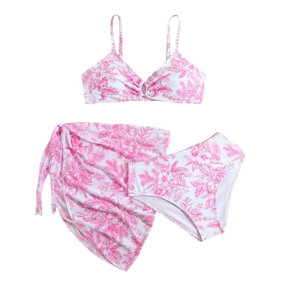 lnmuld Girls 3 Piece Pink Tropical Floral Bikini Swimsuit with Wrap Skirt Kids Swimwear Size:10-11 Years