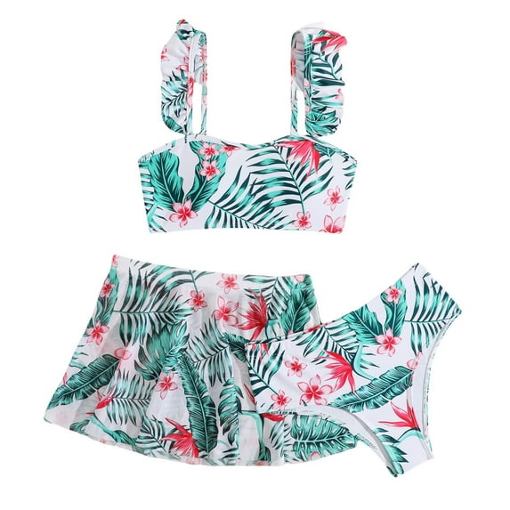lnmuld Girls 3 Piece Tropical Print Swimsuit with Ruffled Top & Cover Up Skirt Kids Bathing Suit Size:5-6 Years