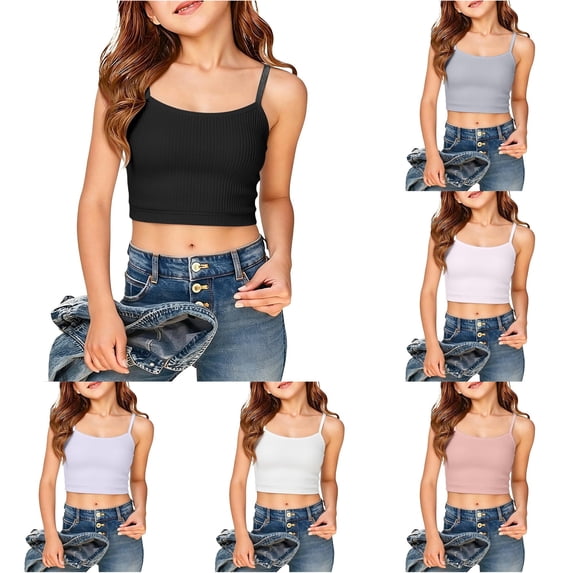 lnmuld Girls Adjustable Strap Ribbed Knit Crop Cami Tank Top Back to School Layering Casual Camisole 7-9 Years,Black