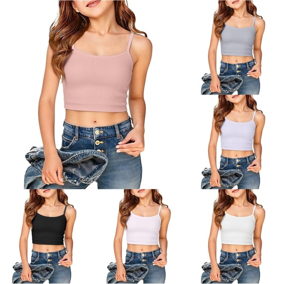 lnmuld Girls Adjustable Strap Ribbed Knit Crop Cami Tank Top Back to School Layering Casual Camisole 7-9 Years,Orange