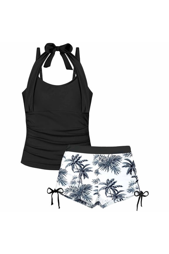 Girls Black Halter Tankini Swimsuit 2-Piece with Ruched Top & Drawstring Shorts Size:13-14 Years