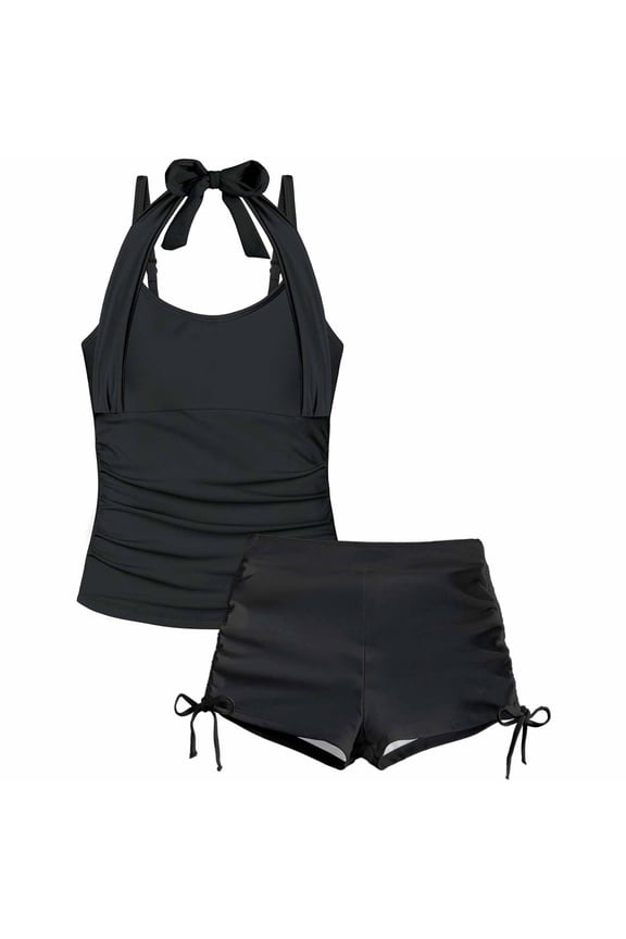Girls Black Halter Tankini Swimsuit 2-Piece with Ruched Top & Drawstring Shorts Size:15-16 Years
