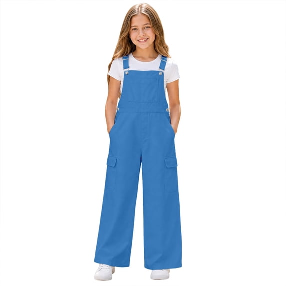 lnmuld Girls Cargo Overalls Solid Wide Leg Adjustable Strap Jumpsuit with Pockets Casual Bib Pants for Kids Teen Girls,7-8 Years