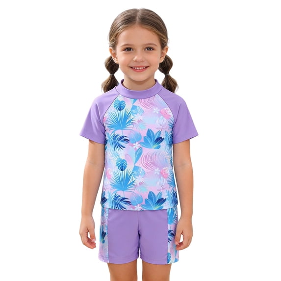 lnmuld Girls Cartoon Floral Print Swimsuit Set 2-Piece Short Sleeve Rash Guard for Toddler Kids Beach Pool Swimwear Size:1-2 Years