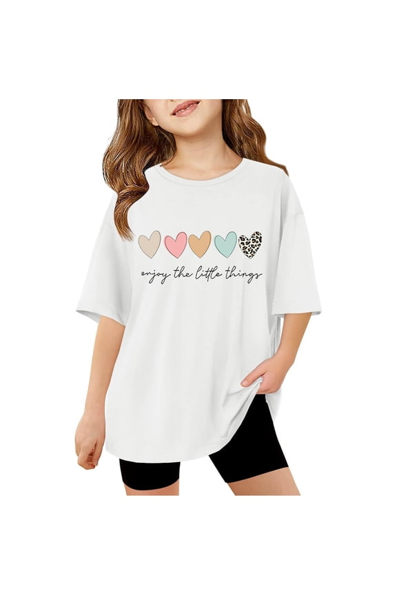 Girls Casual Oversized Basic Letter Print Crewneck Short Sleeve Tee Color:White,Size:3-4 Years
