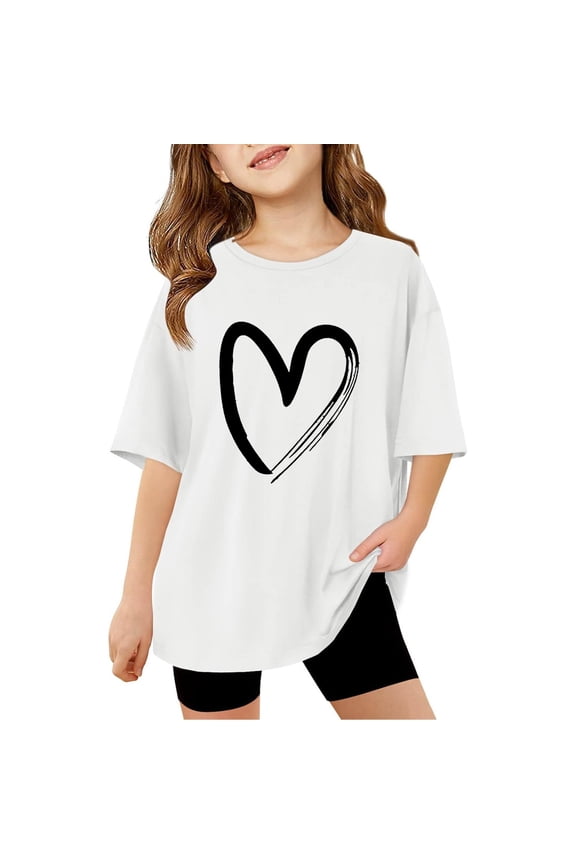 Girls Casual Oversized Basic Letter Print Crewneck Short Sleeve Tee Color:White,Size:7-8 Years