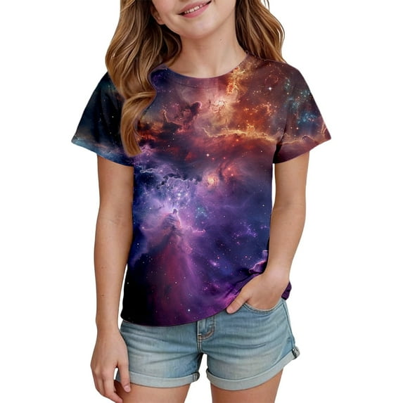 lnmuld Girls Celestial Star Print Short Sleeve Casual T-Shirt Everyday Play Round Neck Graphic Tee Size:6-7 Years