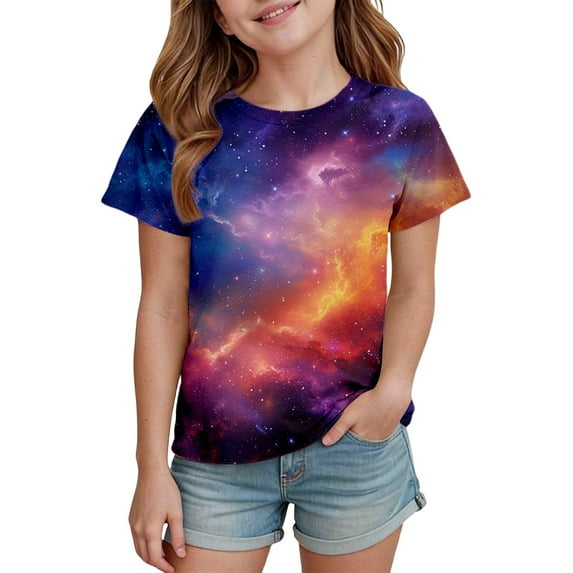 lnmuld Girls Celestial Star Print Short Sleeve Graphic Tee Casual Round Neck Top for Everyday Play Size:4-5 Years