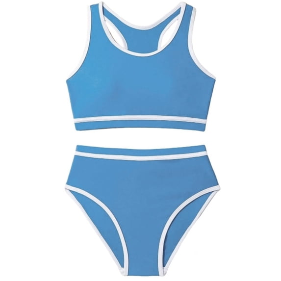 lnmuld Girls Contrast Sleeveless Trim Two Piece Swimsuit UPF 50+ Sun Protection Racerback High Waisted for Beach Pool Summer Swim Size:10-11 Years