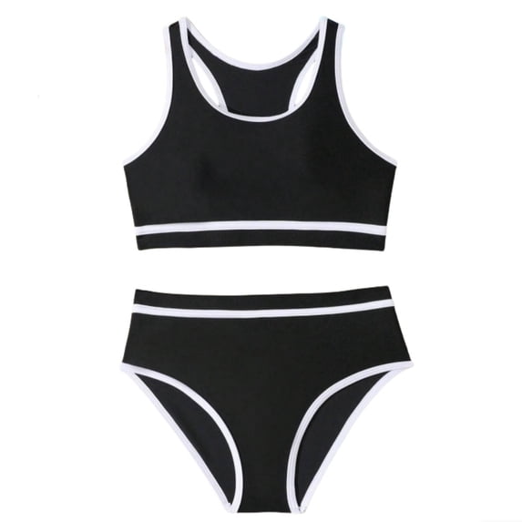 lnmuld Girls Contrast Sleeveless Trim Two Piece Swimsuit UPF 50+ Sun Protection Racerback High Waisted for Beach Pool Summer Swim Size:5-6 Years