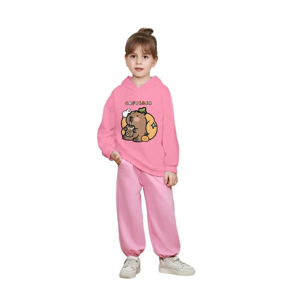 lnmuld Girls Cute Hoodies Capybara Print Hooded Sweatshirt Loose Fit Long Sleeve Casual Top Soft Comfortable Autumn Winter Outfits for Kids Size:2-3 Years