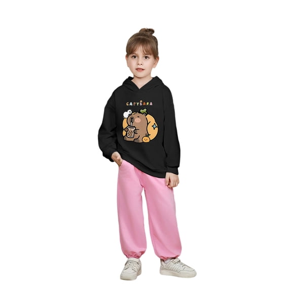 lnmuld Girls Cute Hoodies Capybara Print Hooded Sweatshirt Loose Fit Long Sleeve Casual Top Soft Comfortable Autumn Winter Outfits for Kids Size:2-3 Years