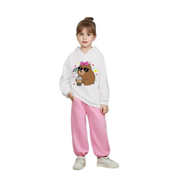 lnmuld Girls Cute Hoodies Capybara Print Hooded Sweatshirt Soft Loose Fit Long Sleeve Casual Top for Kids Comfortable Autumn Winter Wear Size:2-3 Years