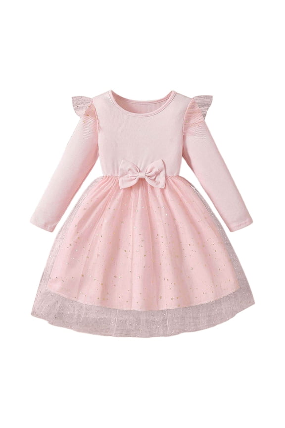 Girls Cute Summer Dresses Elegant Long Sleeve Bow Dress with Layered Skirt for Girls Autumn Party Color:Pink,Size:4-5 Years