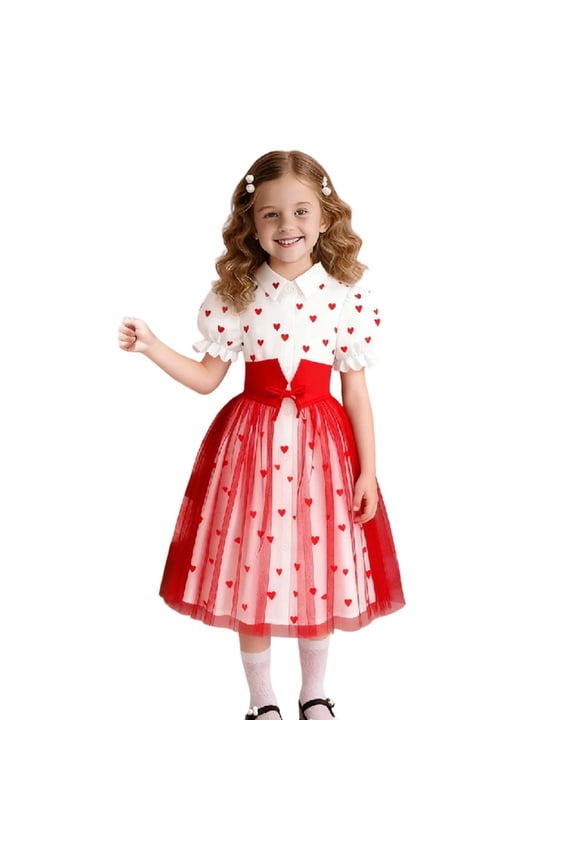 Girls Cute Summer Dresses Party Dress Featuring Heart Print Flared Skirt and Delicate Flutter Sleeves Color:Red,Size:5-6 Years