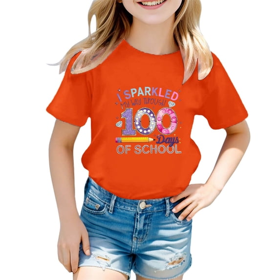lnmuld Girls Cute Summer Tops Graphic Print Short Sleeve Tee Shirt Casual Crewneck Top for School Season Comfortable Daily Wear Color:Orange,Size:1-2 Years