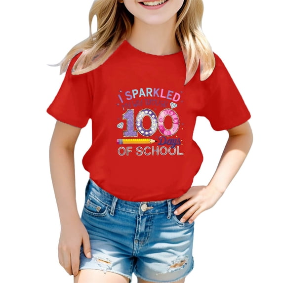 lnmuld Girls Cute Summer Tops Graphic Print Short Sleeve Tee Shirt Casual Crewneck Top for School Season Comfortable Daily Wear Color:Red,Size:6-7 Years