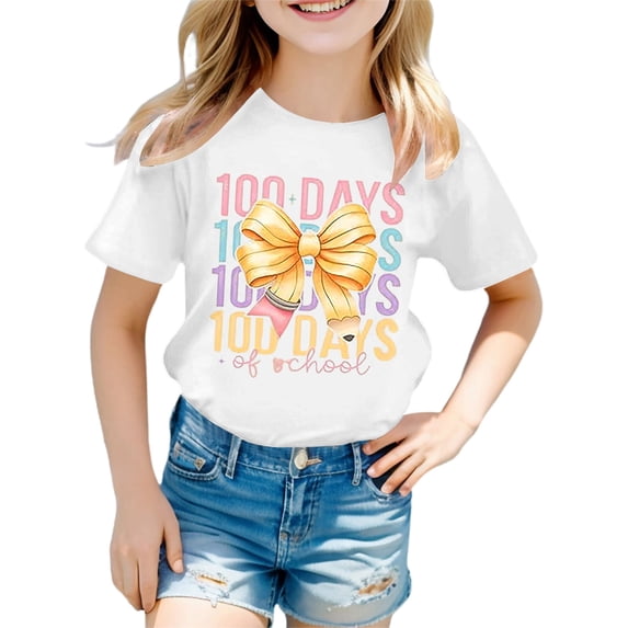 lnmuld Girls Cute Tops Graphic Print Short Sleeve Tee Soft Casual Round Neck Top for School Season Everyday Wear Size:6-7 Years
