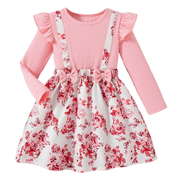 lnmuld Girls Dresses Floral Print Dress with Layered Heart Pattern Sleeves Two Piece Style Casual and Party Wear Color:Light Pink,Size:3-4 Years