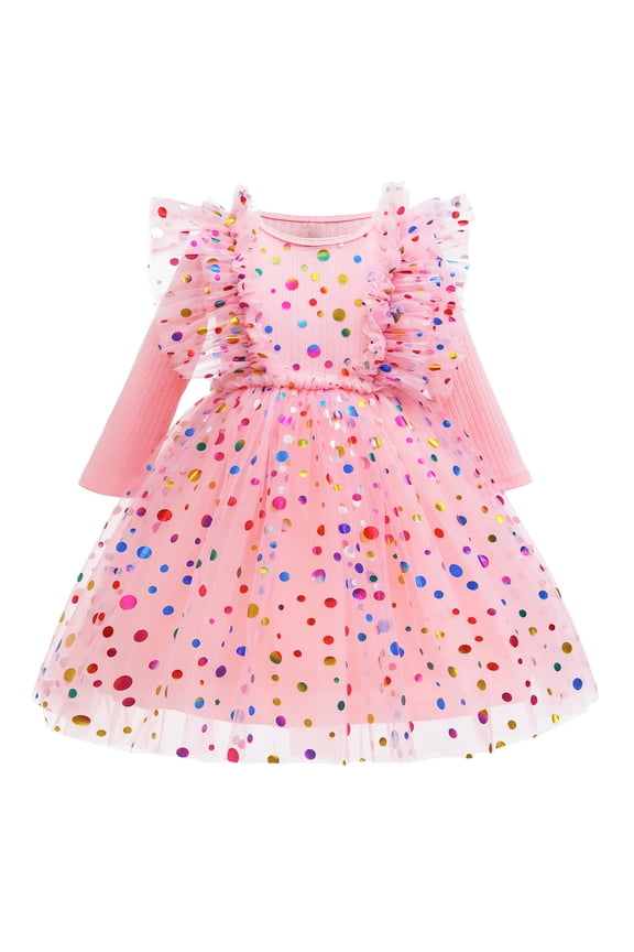 Girls Dresses Knitted Long Sleeve Polka Dot Mesh Party Dress for and Stylish Everyday Wear Color:Pink,Size:5-6 Years