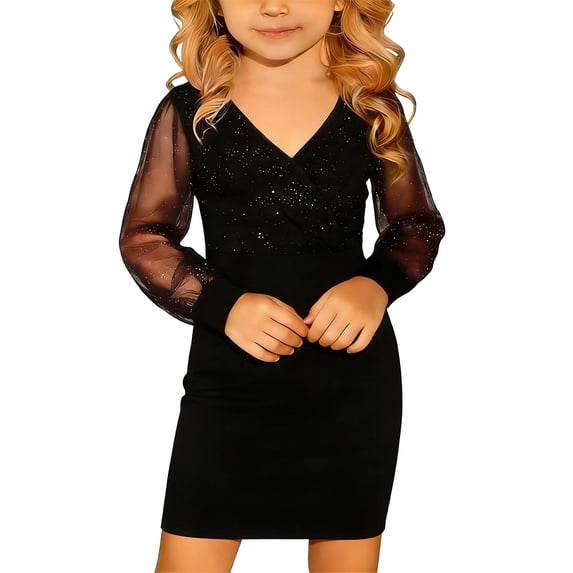 lnmuld Girls Dresses Shine Girls Glitter Bodycon Dress with Puff Long Mesh Sleeves for Festive Evening Party Events Color:Black,Size:13-14 Years