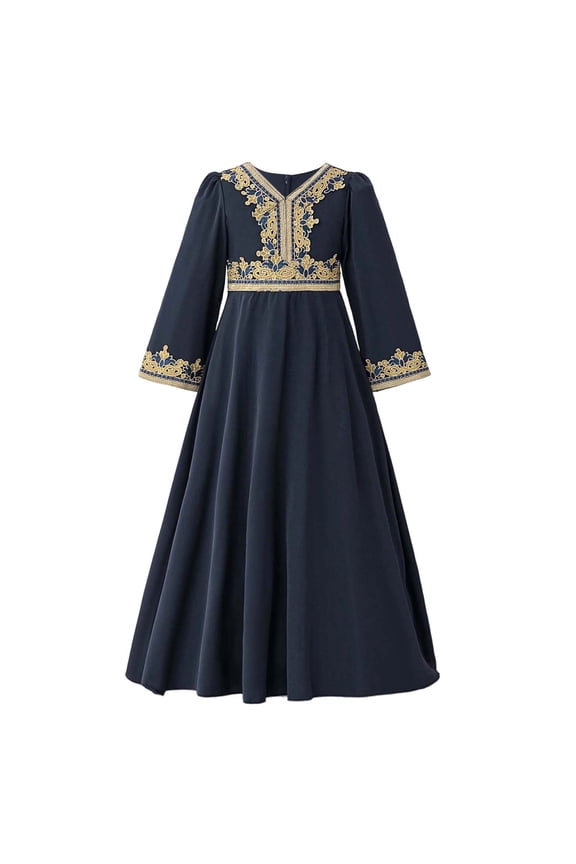 Girls Elegant Abaya formal Gown, Baptism Christening & Evening Wear Color:Navy,Size:7-8 Years