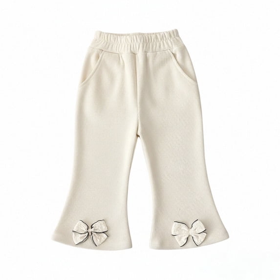 Krdevn Girls Flare Pants Ribbed Stretchy Trousers with Bow Decor at Hem, Elastic Waist Side Pockets Casual Playwear Size:1-2 Years,White