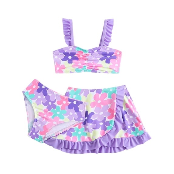 lnmuld Girls Floral Print 2 Piece Bikini Set Ruffle Skirt Swim Shorts Pool Beach Color:Multicolour,Size:5-6 Years