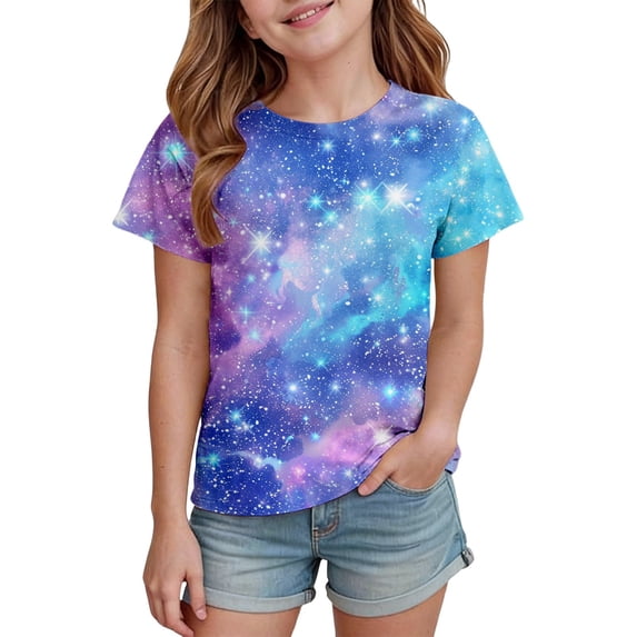 lnmuld Girls Galaxy Star Print T-Shirt Short Sleeve Round Neck Casual Everyday Play Tee Size:6-7 Years