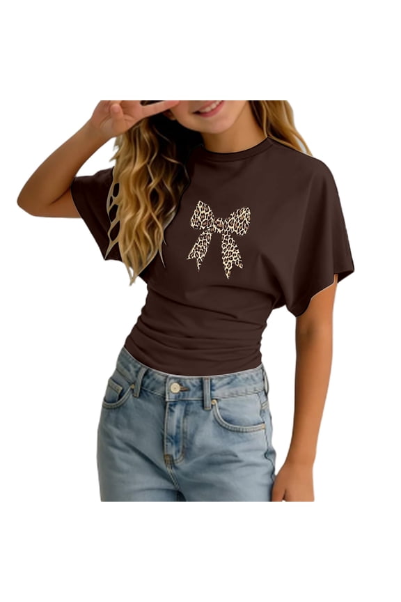 Girls' Large Leopard Print Bow Crop Top - Short Sleeve Ruched Casual Tee Size:5-6 Years