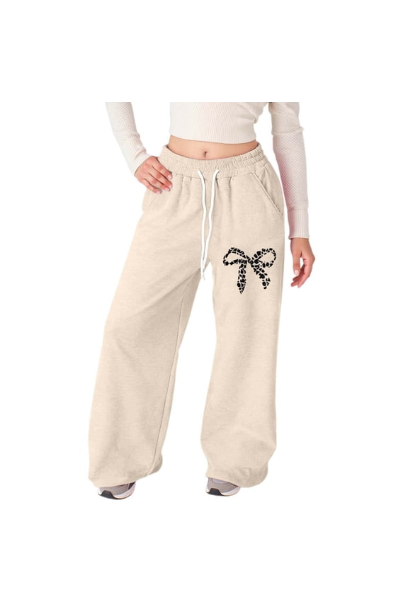 lnmuld Girls Leopard Dot Bow Print Wide Leg Sweatpants Solid Fabric Elastic Waist Dual Side Pockets Soft Knit Girly Casual Trousers Color:Beige,Size:8-9 Years