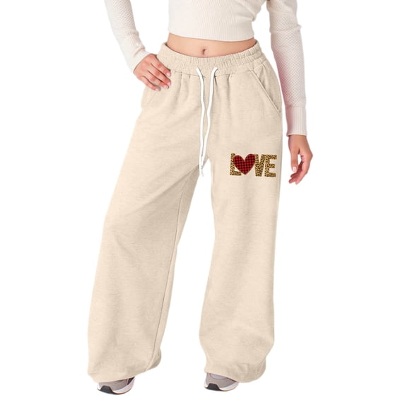 lnmuld Girls Leopard Plaid Print Wide Leg Sweatpants Solid Fabric Elastic Waist Dual Side Pockets Soft Knit Girly Casual Trousers Color:Beige,Size:4-5 Years