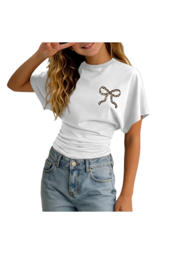 Girls' Leopard Print Bow Crop Top - Short Sleeve Ruched Casual Tee Size:11-12 Years