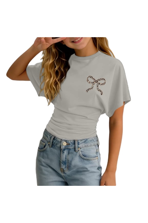 Girls' Leopard Print Bow Crop Top - Short Sleeve Ruched Casual Tee Size:3-4 Years