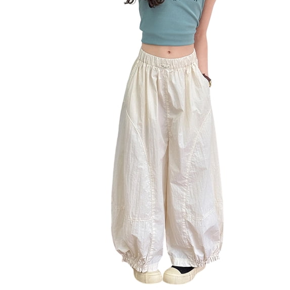 lnmuld Girls Lightweight Textured Balloon Pants Elastic High Waist Curved Split Seam Elastic Loose Casual Daily Pants Size:13-14 Years