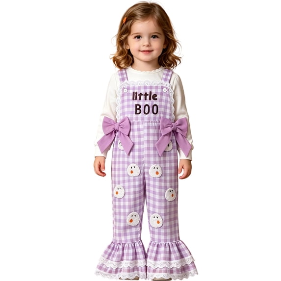 lnmuld Girls Little Boo Ghost Solid Gingham Suspender Overalls Flare Bell Bottom Pants Halloween Lace Bow Decor Kids Casual Jumpsuit Trousers 12-18 Months,Purple