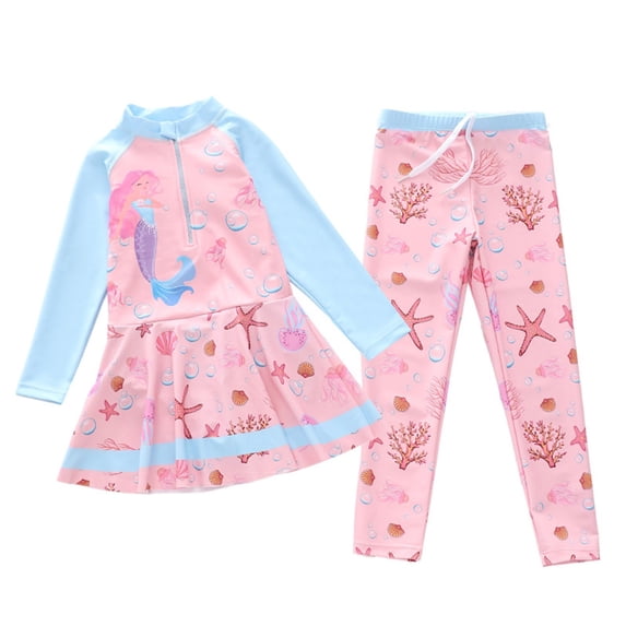 lnmuld Girls Long Sleeve Rash Guard Two Piece Swimsuit Sun Kids Teens Color:Light Blue2,Size:9-10 Years