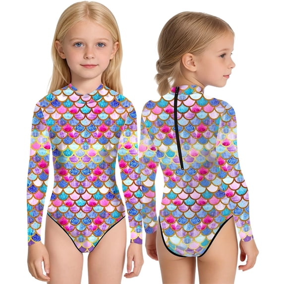lnmuld Girls Long Sleeve Round Neck One Piece Rash Guard Swimsuit Sun Protection Set Beach Pool Swimwear Color:Multicolour,Size:3-4 Years