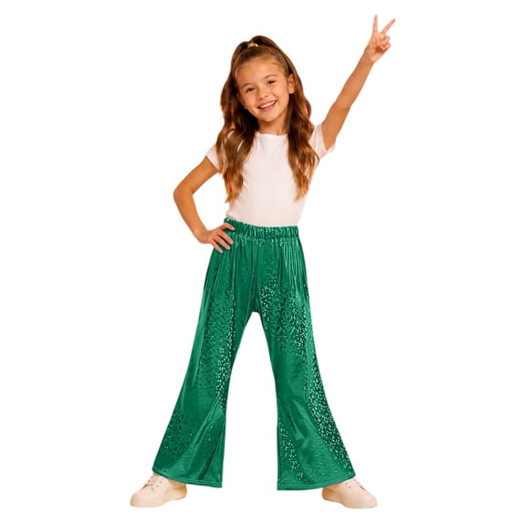 lnmuld Girls Metallic Holographic Flare Pants Shiny Sparkle Bell Bottom Elastic Waist Trousers for Kids Dance Party,14-15 Years