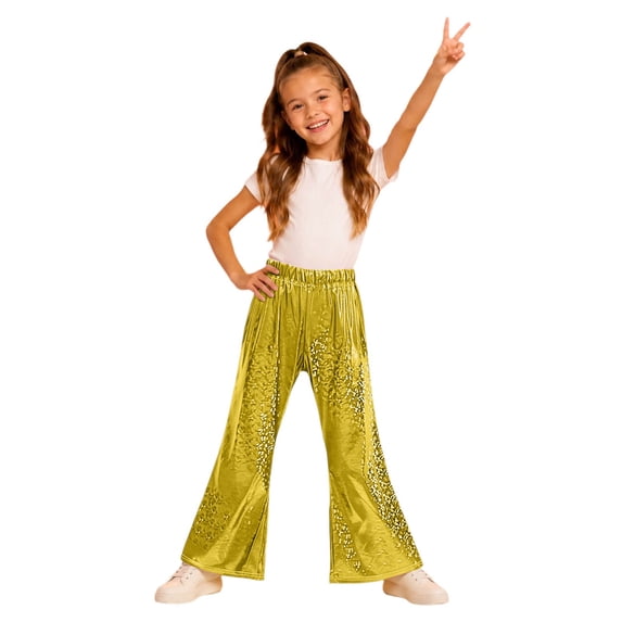 lnmuld Girls Metallic Holographic Flare Pants Shiny Sparkle Bell Bottom Elastic Waist Trousers for Kids Dance Party,4-5 Years