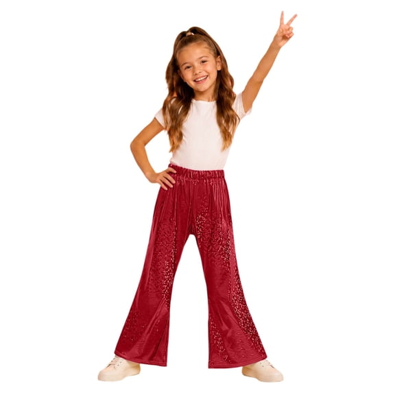 lnmuld Girls Metallic Holographic Flare Pants Shiny Sparkle Bell Bottom Elastic Waist Trousers for Kids Dance Party,6-7 Years