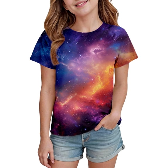 lnmuld Girls Multicolor Galaxy Print T-Shirt Short Sleeve Round Neck Casual Everyday Play Tee Size:8-9 Years