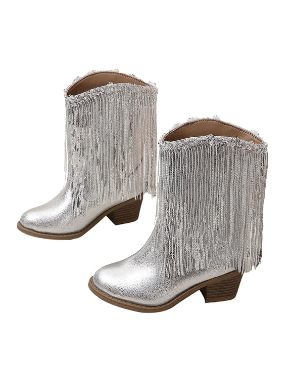Girls New Solid Color Leather Fashion Children Western Cowboy Boots Autumn and Winter Casual Kids Tassel Boots Size:9.5-10 Years