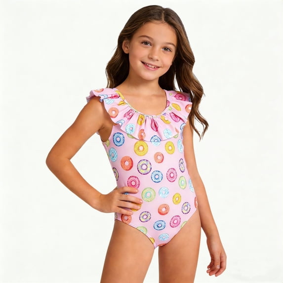 lnmuld Girls One Piece Swimsuit Colorful Donut Print Ruffle Trim Swimwear Size:7-8 Years